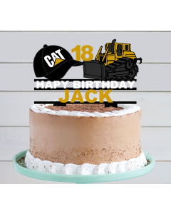 CAT Bulldozer Cake Topper – Personalised – Custom Name & Age – Construction Birthday Keepsake