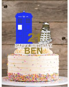 Personalised Doc Who Tardis Dalek Men's Birthday Cake Topper in Custom Colours