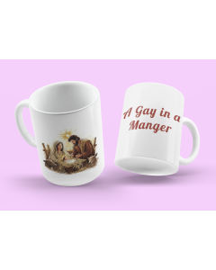 A Gay in a Manger Mug | Funny Christmas Gift | LGBTQ+ Holiday Present | Cheeky Nativity Cup