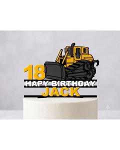 Personalised Yellow Bulldozer Cake Topper – Custom Name & Age Construction Digger – Heavy Machinery Earthmover Boys Birthday Decor Keepsake
